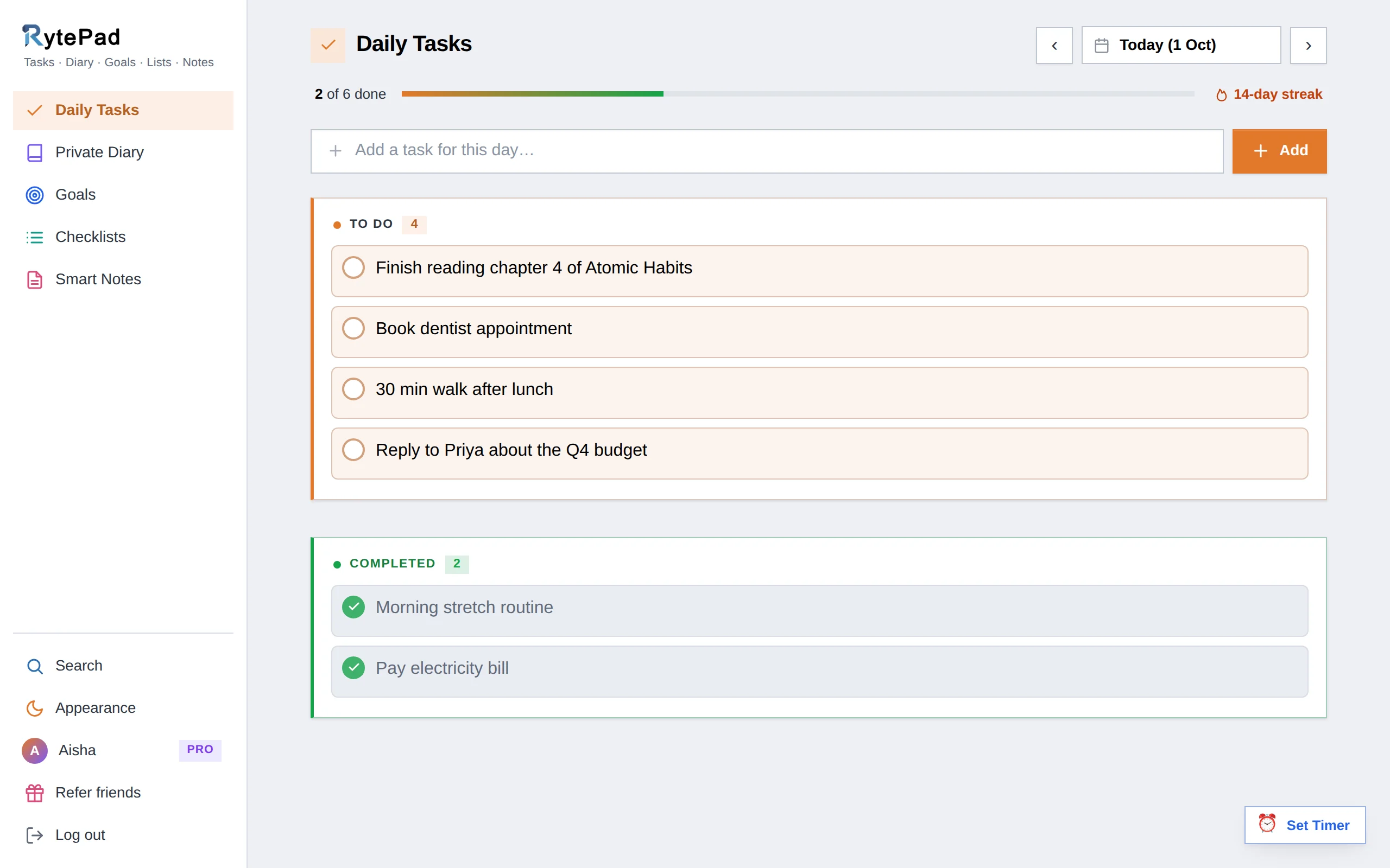 RytePad daily tasks: a to-do list for the day with a progress bar, a 14-day streak and completed tasks